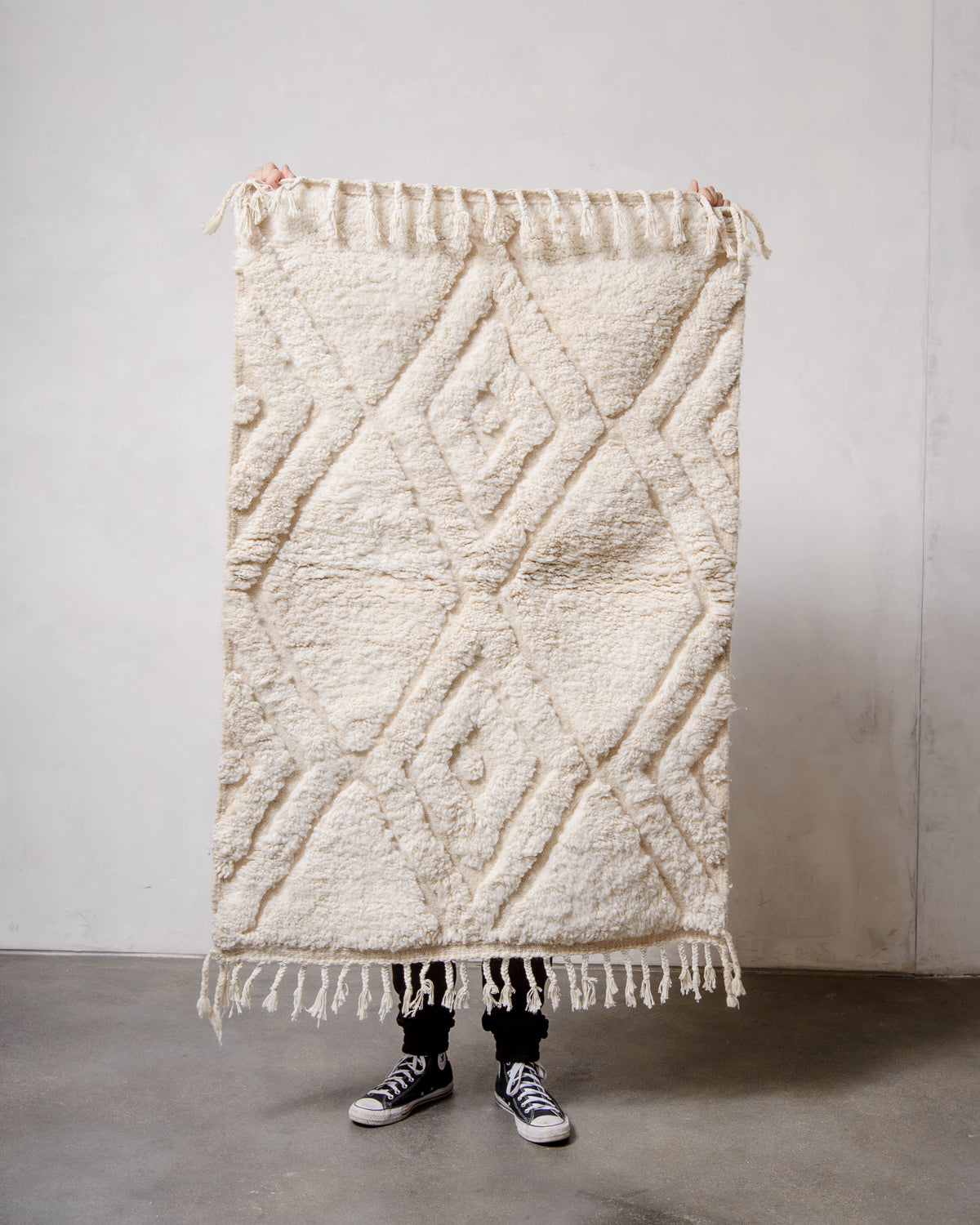 Modern, designer, handcrafted Berber rug from Morocco. Beniourain carpet with beautiful colours and patterns and fluffy wool texture.